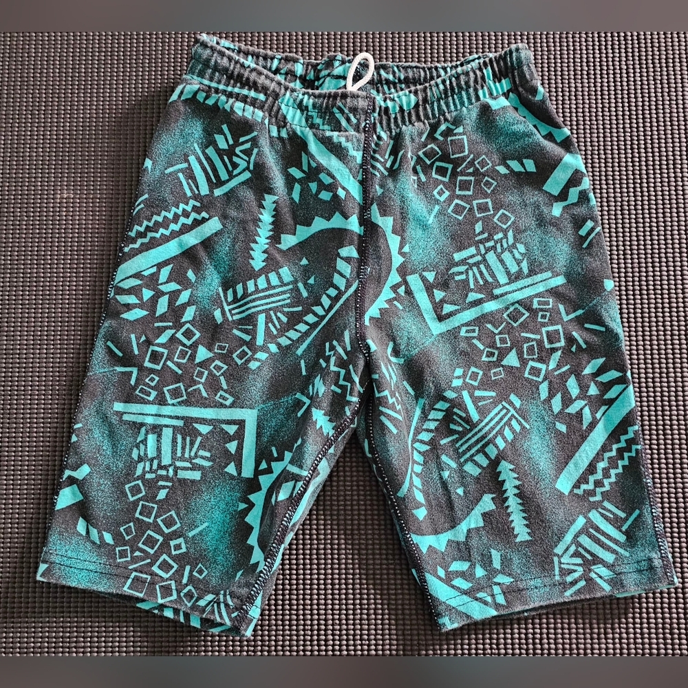 Vintage 90s Teal & Black Geometric Shorts Small Retro Abstract Pattern